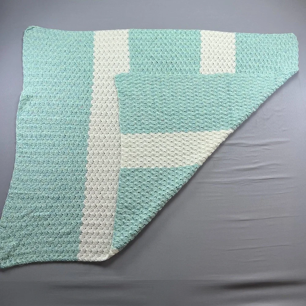 Handmade Crochet Throw Baby Blanket Teal White Striped Soft Knit (38